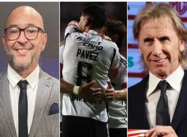 Primer plano al rostro sonriente de Pablo Flamm y Ricardo Gareca, periodista deportivo nacional y entrenador de la Selección Chilena, respectivamente. Por su parte, al medio de la imagen aparecen futbolistas de Colo-Colo abrazados celebrando un gol durante 2024.