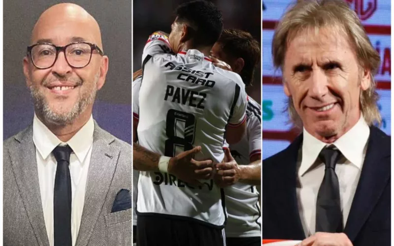 Primer plano al rostro sonriente de Pablo Flamm y Ricardo Gareca, periodista deportivo nacional y entrenador de la Selección Chilena, respectivamente. Por su parte, al medio de la imagen aparecen futbolistas de Colo-Colo abrazados celebrando un gol durante 2024.