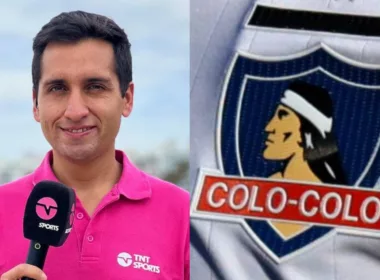 Primer plano a Daniel Arrieta en TNT Sports y el escudo de Colo-Colo