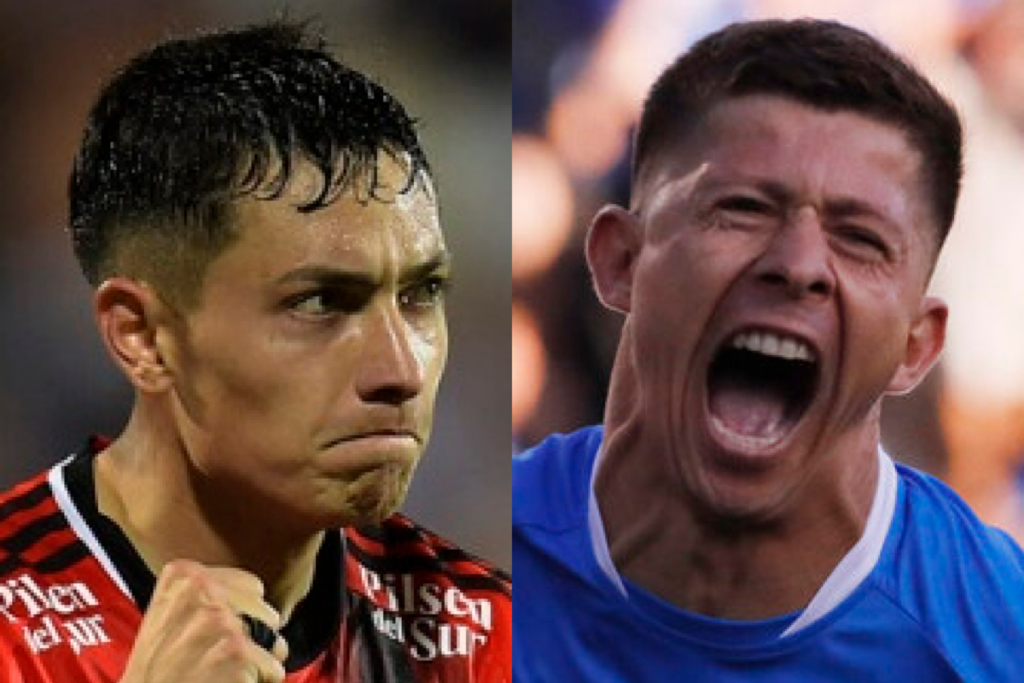 Primer plano a los rostros de los futbolistas Cristián Zavala y Cris Martínez, deportistas que durante la temporada 2024 defenderán los colores de Colo-Colo y Huachipato, respectivamente.