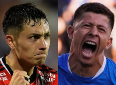 Primer plano a los rostros de los futbolistas Cristián Zavala y Cris Martínez, deportistas que durante la temporada 2024 defenderán los colores de Colo-Colo y Huachipato, respectivamente.