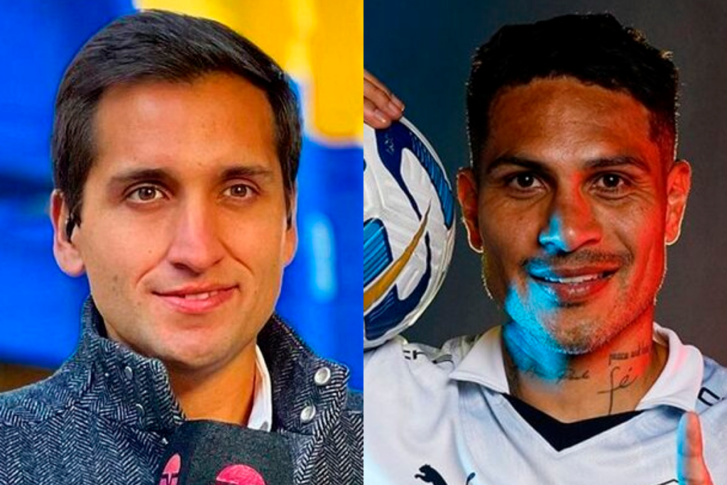 Primer plano al rostro del periodista deportivo, Daniel Arrieta, además de Paolo Guerrero, leyenda de la Selección Peruana.