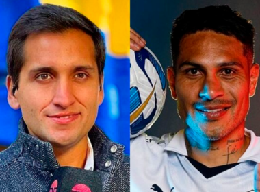 Primer plano al rostro del periodista deportivo, Daniel Arrieta, además de Paolo Guerrero, leyenda de la Selección Peruana.