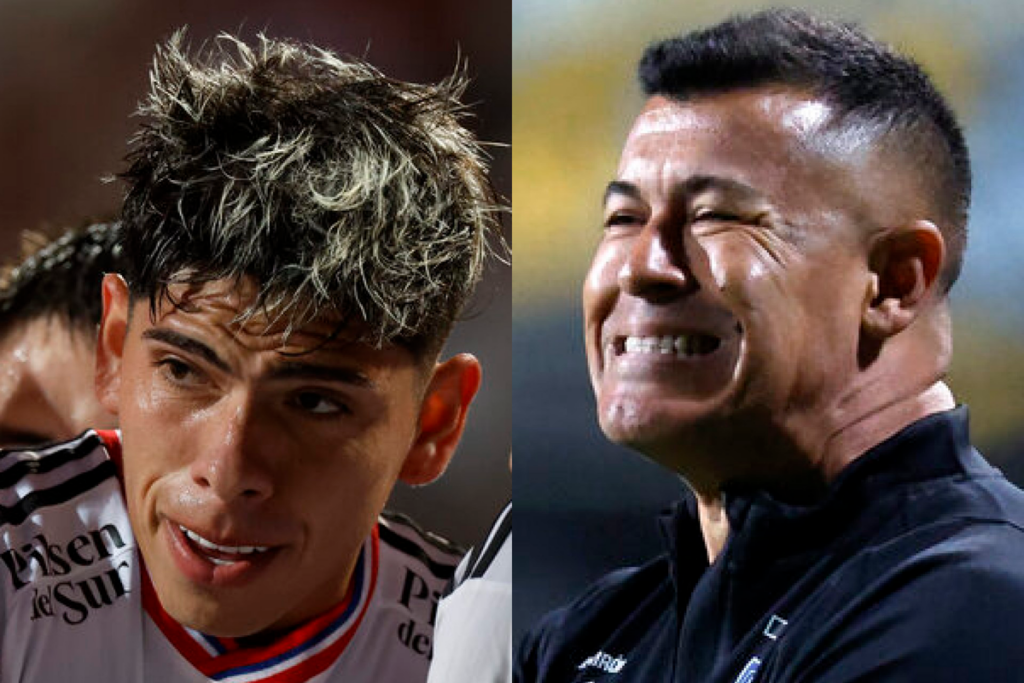 Primer plano al rostro de Carlos Palacios y Jorge Almirón, futbolista y entrenador de Colo-Colo durante la temporada 2024, respectivamente.