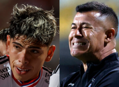Primer plano al rostro de Carlos Palacios y Jorge Almirón, futbolista y entrenador de Colo-Colo durante la temporada 2024, respectivamente.