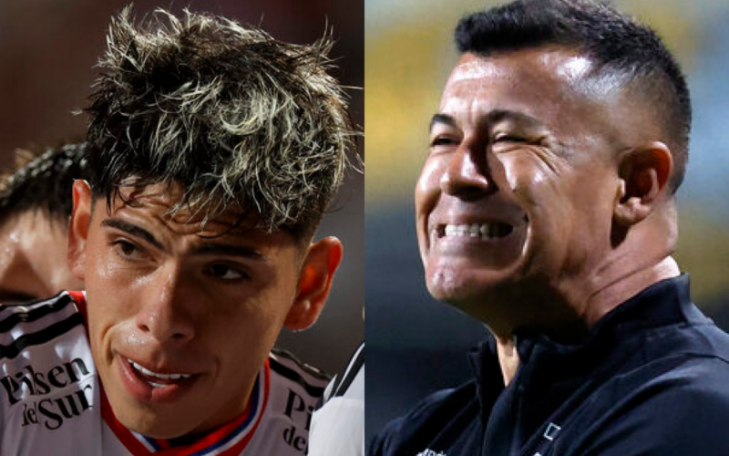 Primer plano al rostro de Carlos Palacios y Jorge Almirón, futbolista y entrenador de Colo-Colo durante la temporada 2024, respectivamente.