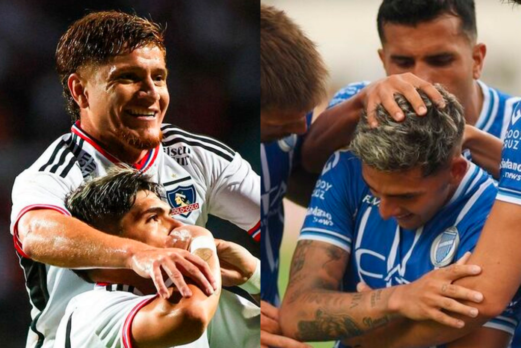 Primer plano al rostro de los jugadores de Carlos Palacios y Leonardo Gil celebrando un gol, sumado a los futbolistas de Godoy Cruz.