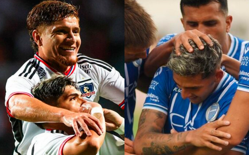 Primer plano al rostro de los jugadores de Carlos Palacios y Leonardo Gil celebrando un gol, sumado a los futbolistas de Godoy Cruz.