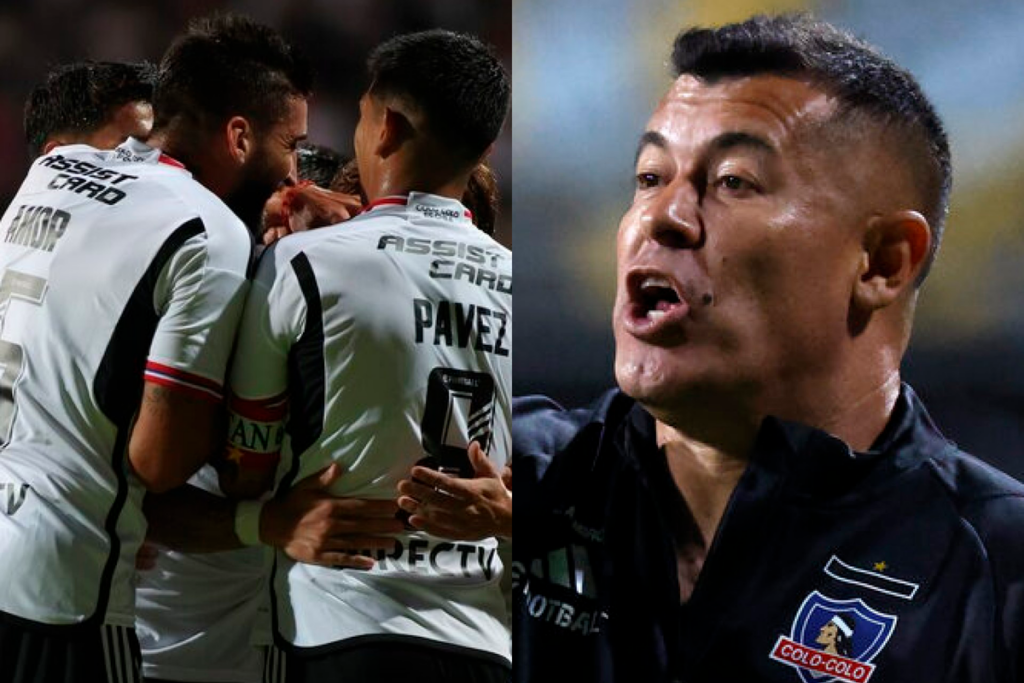 A mano izquierda se abrazan jugadores de Colo-Colo tras anotar un gol durante la temporada 2024, mientras que a mano derecha aparece Jorge Almirón con la boca abierta impartiendo una instrucción.