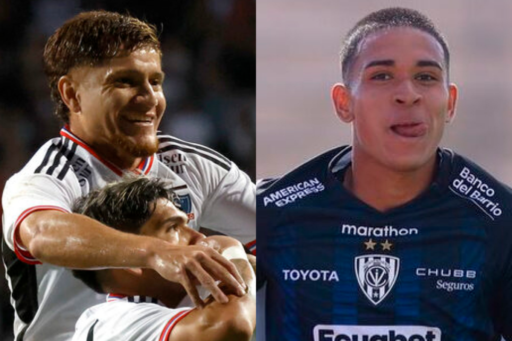 Primer plano a Leonardo Gil y Carlos Palacios celebrando un gol con la camiseta de Colo-Colo, mientras que a mano derecha está Kendry Páez, cuya fotografía se tomó en su debut profesional con la camiseta de Independiente del Valle.