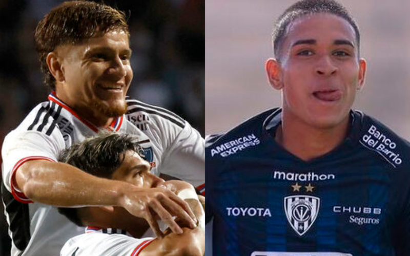 Primer plano a Leonardo Gil y Carlos Palacios celebrando un gol con la camiseta de Colo-Colo, mientras que a mano derecha está Kendry Páez, cuya fotografía se tomó en su debut profesional con la camiseta de Independiente del Valle.