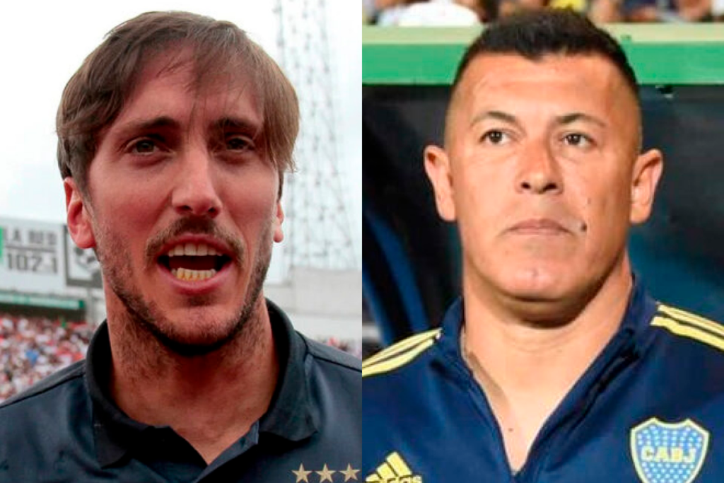 Primer plano a los rostros de Luis Zubeldía y Jorge Almirón, entrenadores profesionales de fútbol de Liga Universitaria de Quito y Boca Juniors durante la temporada 2023, respectivamente.