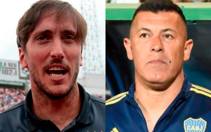 Primer plano a los rostros de Luis Zubeldía y Jorge Almirón, entrenadores profesionales de fútbol de Liga Universitaria de Quito y Boca Juniors durante la temporada 2023, respectivamente.