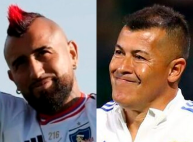 Arturo Vidal sonriendo con la camiseta de Colo-Colo, mientras que a mano derecha aparece Jorge Almirón con rostro de preocupación.