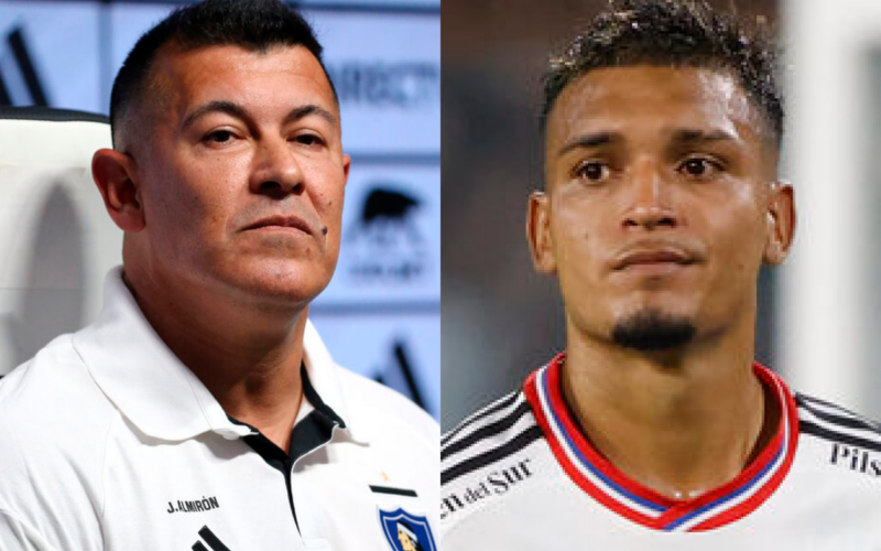 Primer plano al rostro de Jorge Almirón en su presentación como DT de Colo-Colo, sumado a la cara de preocupación de Daniel Gutiérrez.