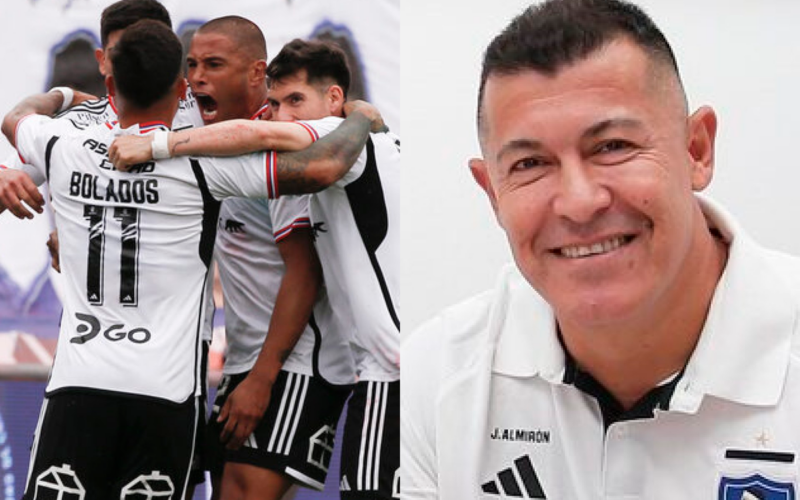 A la izquierda los futbolistas de Colo-Colo celebran un gol durante la temporada 2023, mientras que a mano izquierda se puede observar un primer plano al rostro sonriente de Jorge Almirón.