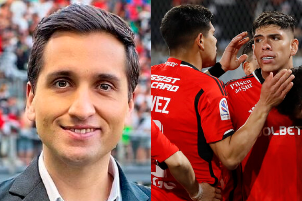 Primer plano al rostro sonriente del periodista deportivo Daniel Arrieta, sumado al plantel de Colo-Colo abrazado a mano derecha.