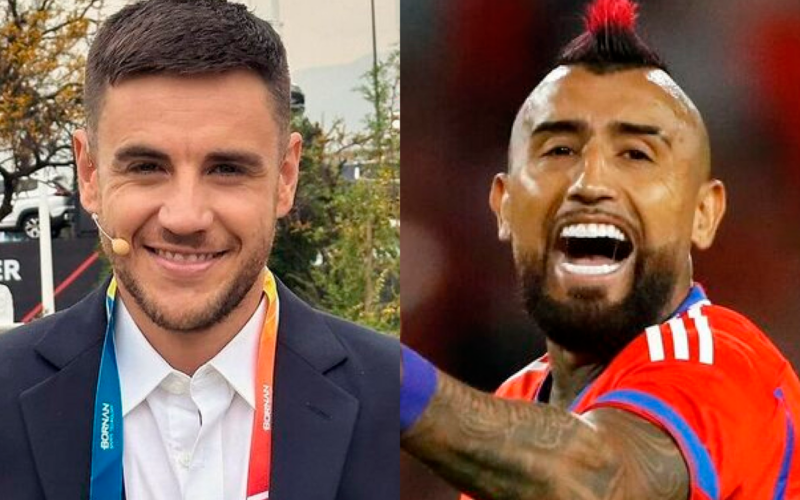 Primer plano al rostro de Gonzalo Fouillioux y Arturo Vidal, actual periodista deportivo y futbolista profesional chileno, respectivamente.