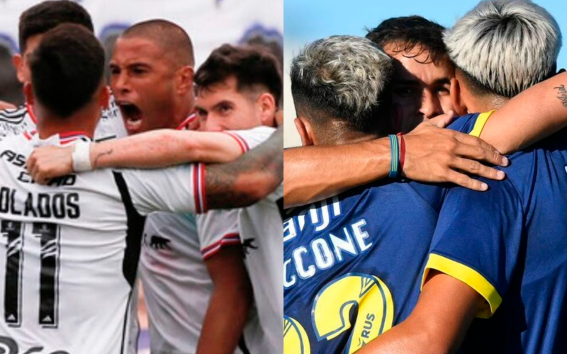 Futbolistas de Colo-Colo celebran a mano izquierda y los jugadores de Rosario Central se abrazan y hacen lo propio en el sector derecho de la fotografía.