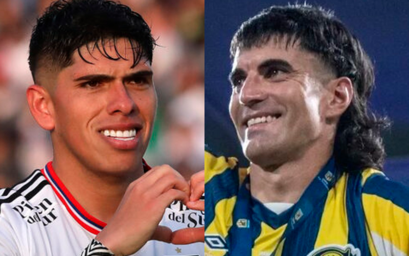 Primer plano al rostro sonriente de Carlos Palacios e Ignacio Malcorra, futbolista de Colo-Colo y Rosario Central durante la temporada 2023, respectivamente.