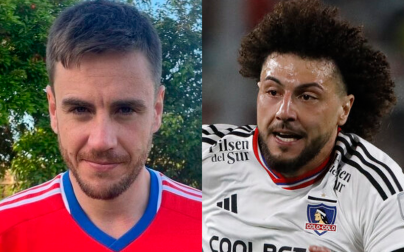 Primer plano al rostro de Gonzalo Fouillioux y Maximiliano Falcón, periodista deportivo chileno y jugador de Colo-Colo durante la temporada 2023, respectivamente.