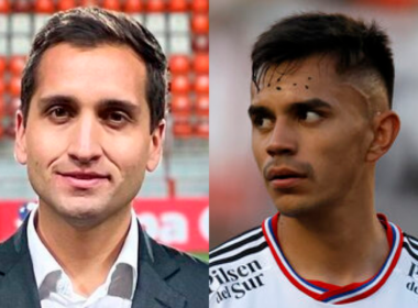 Primer plano al rostro de Daniel Arrieta y Vicente Pizarro, periodista deportivo chileno y jugador de Colo-Colo, respectivamente.