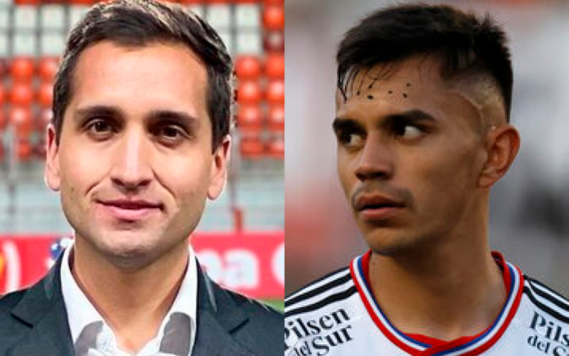 Primer plano al rostro de Daniel Arrieta y Vicente Pizarro, periodista deportivo chileno y jugador de Colo-Colo, respectivamente.
