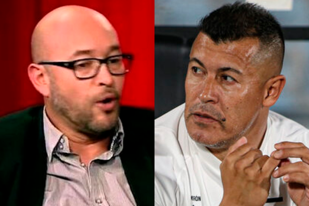 Primer plano al rostro de Pablo Flamm y Jorge Almirón, periodista deportivo y actual entrenador de Colo-Colo durante la temporada 2024, respectivamente.