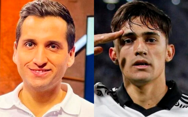 Primer plano al rostro de Daniel Arrieta y Pablo Solari, periodista deportivo y actual jugador de River Plate durante la temporada 2024, respectivamente.