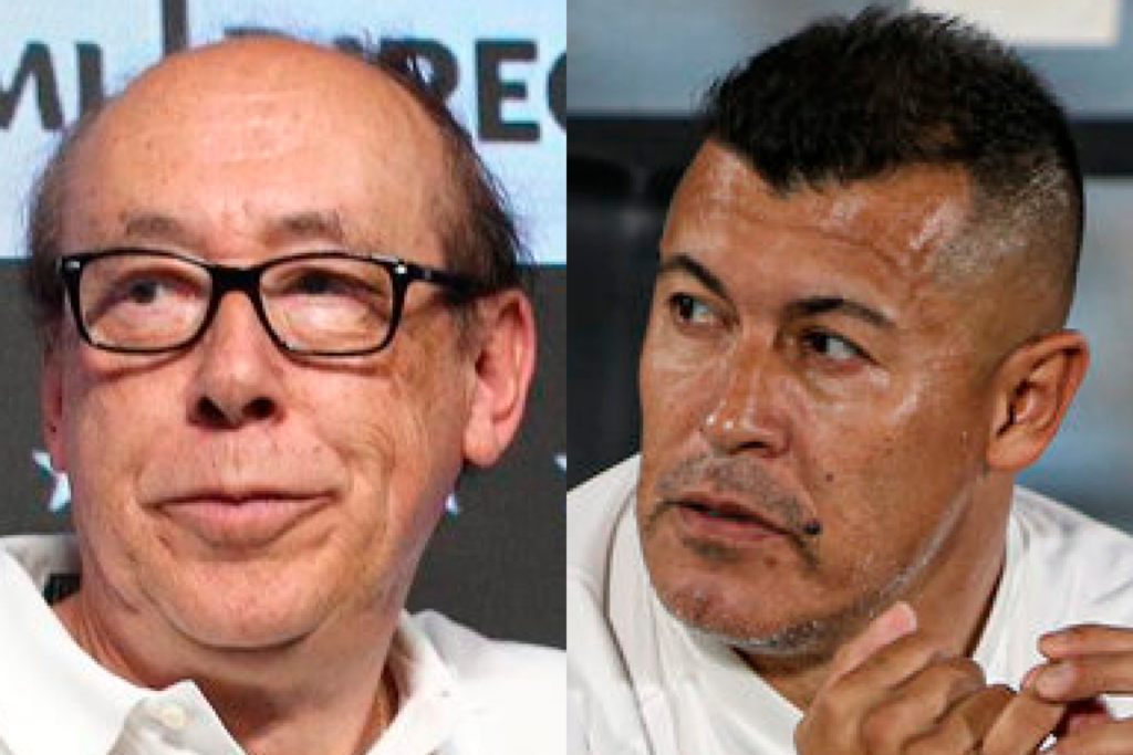 Primer plano a los rostros de seriedad de Alfredo Stöhwing y Jorge Almirón, presidente de Blanco y Negro y director técnico de Colo-Colo, respectivamente.