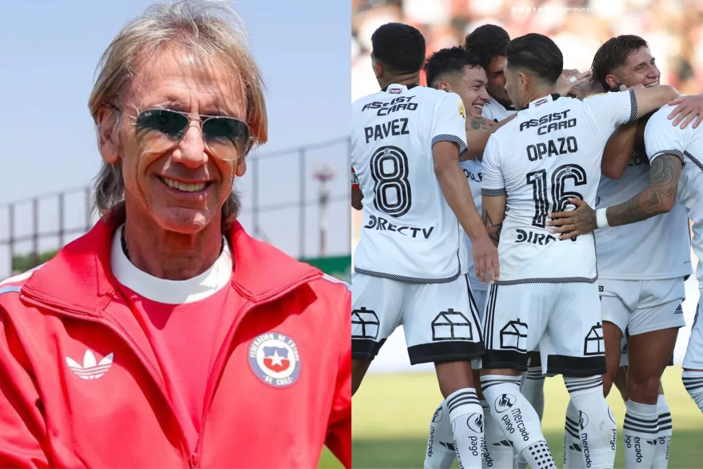 Primer plano de Ricardo Gareca. Jugadores de Colo-Colo abrazándose.