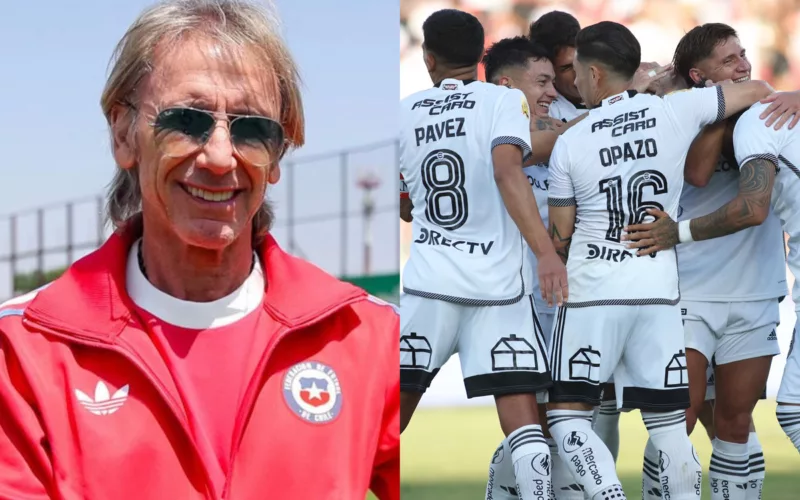 Primer plano de Ricardo Gareca. Jugadores de Colo-Colo abrazándose.