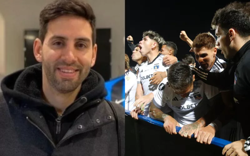 Primer plano de Maks Cárdenas. Jugadores de Colo-Colo celebrando un gol.