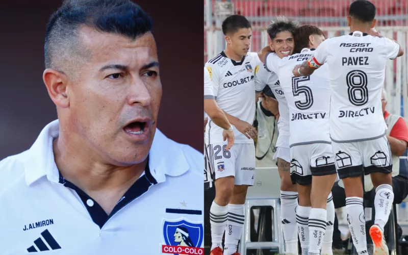 Primer plano de Jorge Almirón. Jugadores de Colo-Colo abrazándose.