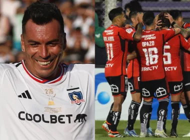 Primer plano de Esteban Paredes. Jugadores de Colo-Colo abrazándose.