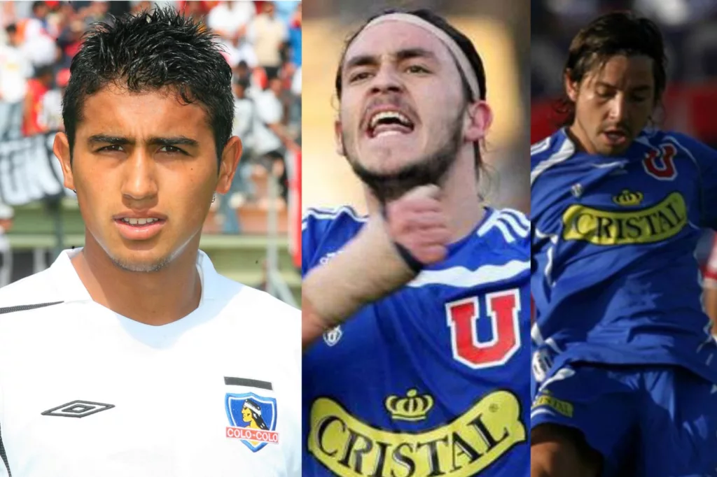 Arturo Vidal con camiseta de Colo-Colo, Mauricio Pinilla y Francisco Arrué con indumentaria de Universidad de Chile.