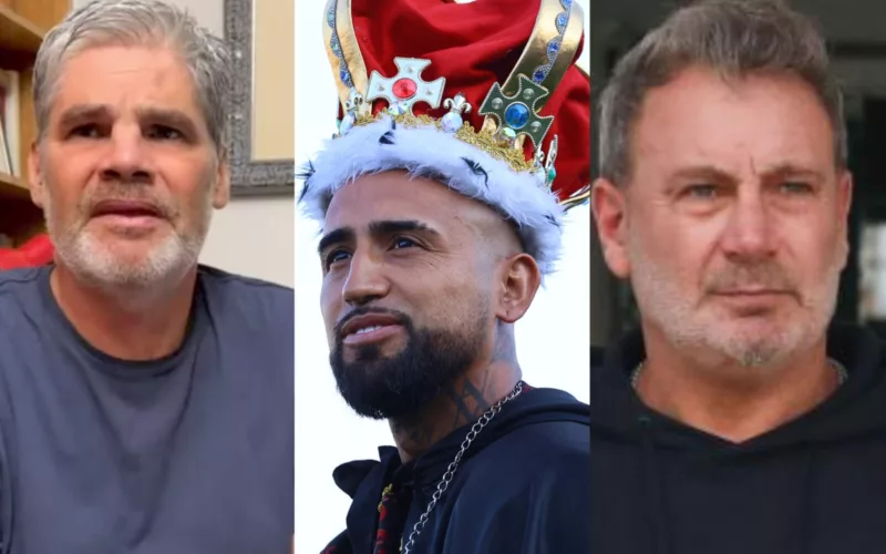 Primer plano a los rostros de Juan Cristóbal Guarello, Arturo Vidal y Marcelo Barticciotto.