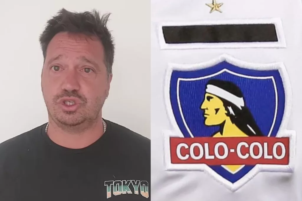 Primer plano al rostro de César Luis Merlo y el escudo de Colo-Colo