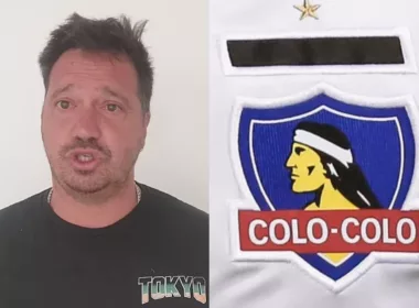 Primer plano al rostro de César Luis Merlo y el escudo de Colo-Colo