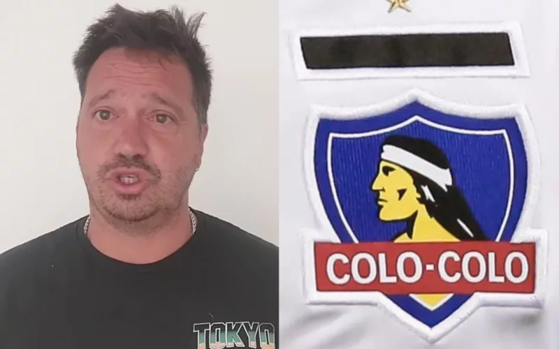 Primer plano al rostro de César Luis Merlo y el escudo de Colo-Colo