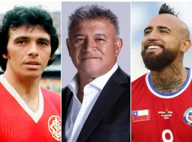 Primer plano al rostro de Elías Figueroa en su paso por Internacional de Porto Alegre, sumado al ex jugador y actual comentarista deportivo, Claudio Borghi. Por último y a mano derecha se puede ver la cara sonriente de Arturo Vidal como futbolista de la Selección Chilena.