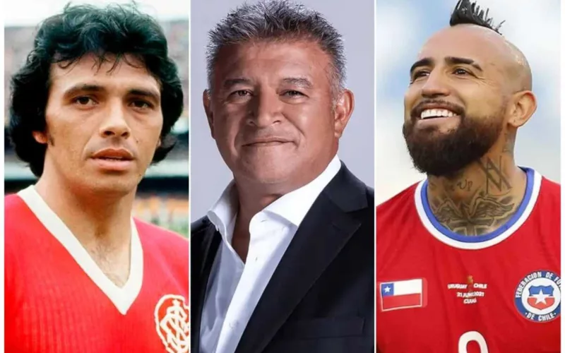 Primer plano al rostro de Elías Figueroa en su paso por Internacional de Porto Alegre, sumado al ex jugador y actual comentarista deportivo, Claudio Borghi. Por último y a mano derecha se puede ver la cara sonriente de Arturo Vidal como futbolista de la Selección Chilena.