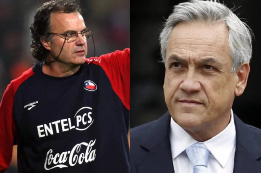 Primer plano a Marcelo Bielsa con indumentaria de la Selección Chilena y Sebastián Piñera