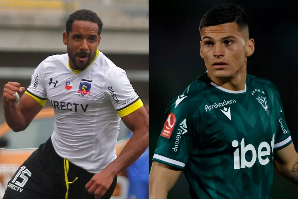 Primer plano a Jean Beausejour con indumentaria de Colo-Colo y Lucas Cepeda con camiseta de Santiago Wanderers.