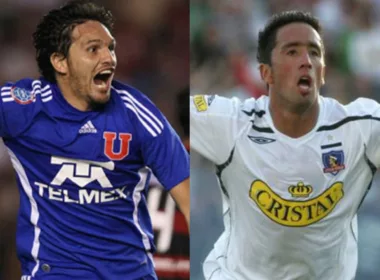 Primer plano a Rafael Olarra con la camiseta de Universidad de Chile y Lucas Barrios con induentaria de Colo-Colo.