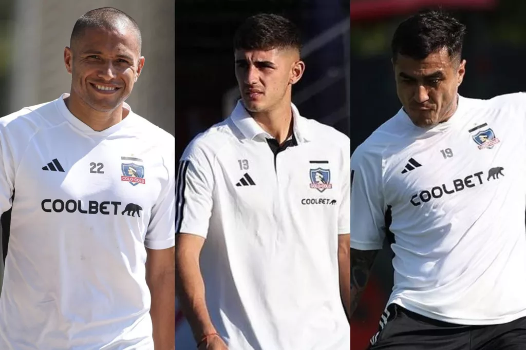 Primer plano a Leandro Benegas, Bruno Gutiérrez y Darío Lezcano con camiseta de entrenamiento de Colo-Colo.