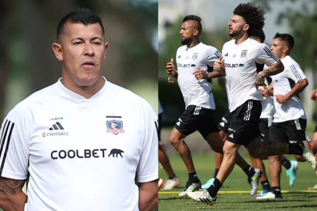 Jorge Almirón y jugadores del plantel de Colo-Colo trotando en el Estadio Monumental.