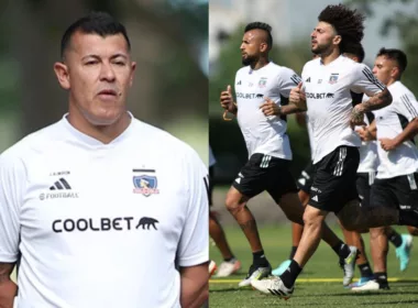 Jorge Almirón y jugadores del plantel de Colo-Colo trotando en el Estadio Monumental.