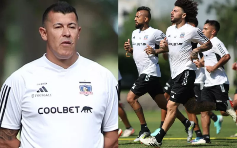 Jorge Almirón y jugadores del plantel de Colo-Colo trotando en el Estadio Monumental.