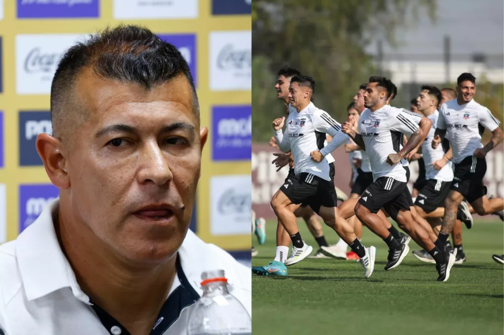 Primer plano al rostro de Jorge Almirón junto al plantel de Colo-Colo en un entrenamiento.